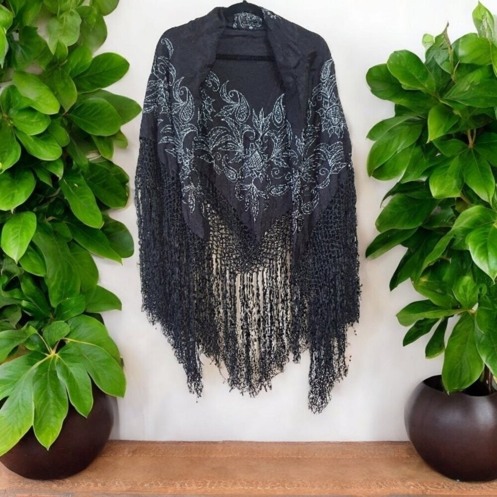 Vintage Mary McFadden Black Handkerchief with Tassels and Embroidery Size 40x40